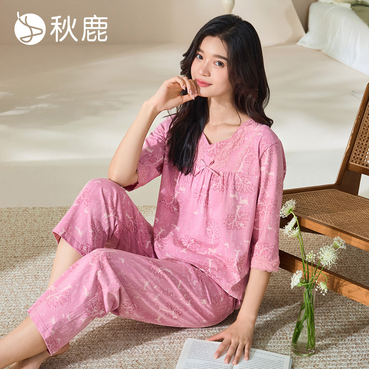 针织棉氨印花V领七分袖九分裤女图片