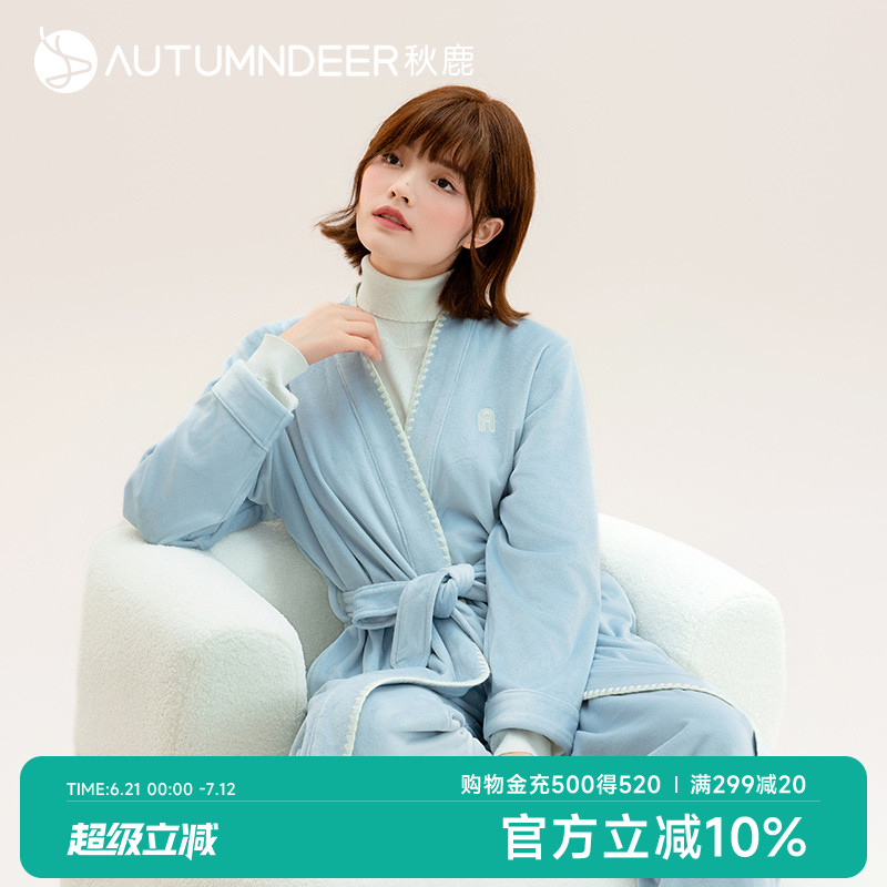 秋鹿海岛绒睡袍中长款女