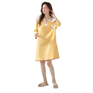 秋鹿【断码】针织纯棉睡裙女V领套头夏季连衣裙短袖中裙薄