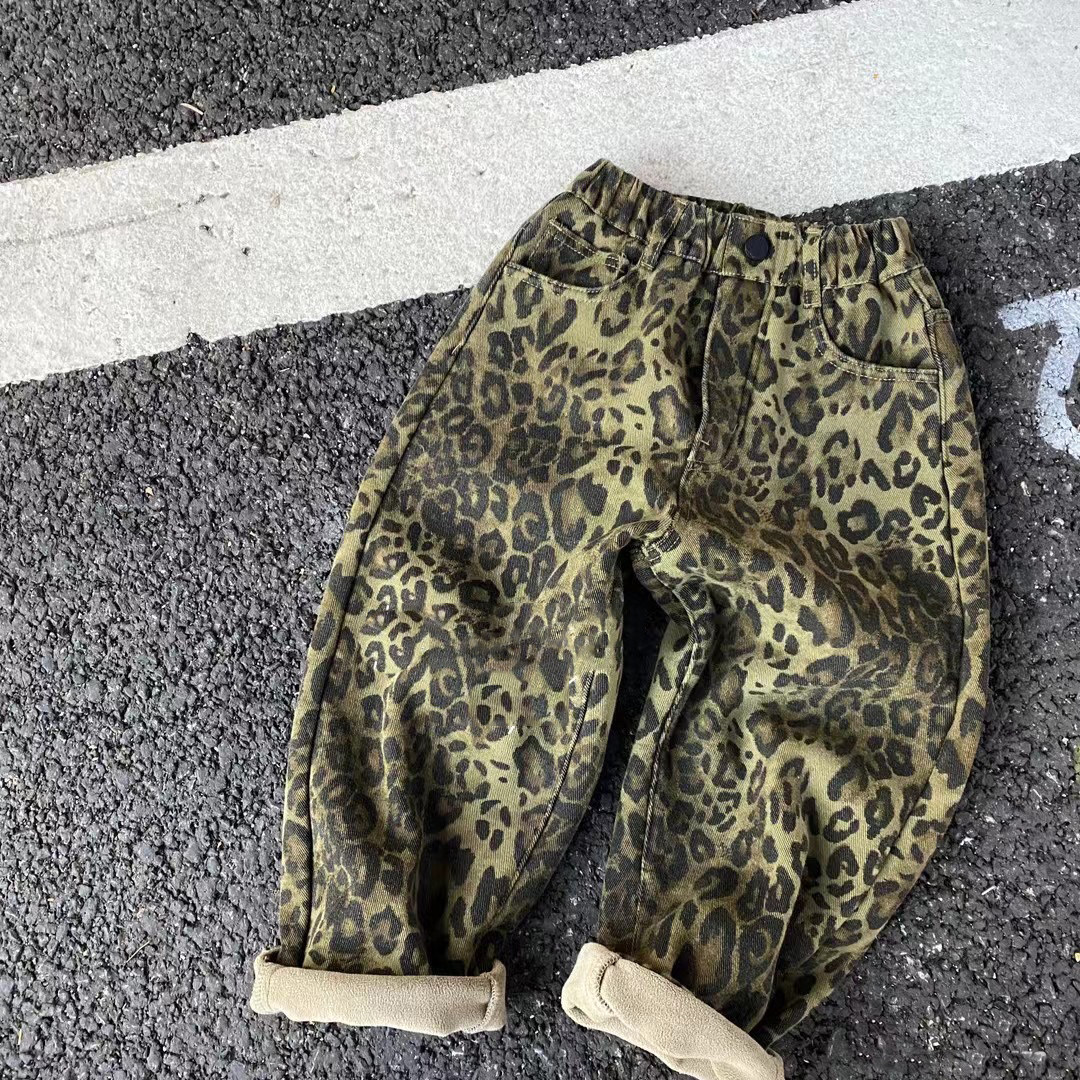男童痞帅炸街豹纹宽松直筒牛仔裤