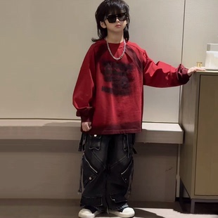 青少年男女童潮牌嘻哈风街舞个性扎染宽松卫衣表演服红色亲子年服