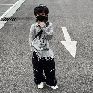 春秋男童潮酷街舞休闲套装青少年亲子装宽松长袖T恤工装裤两件套