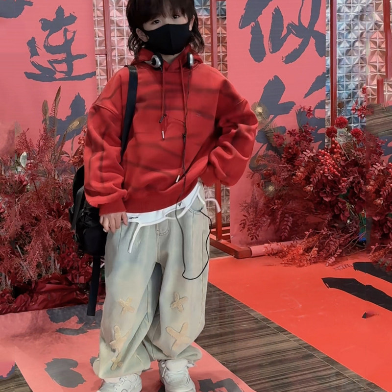 冬季加绒年服男童街舞休闲宽松直筒裤潮酷红色卫衣XX毛巾绣牛仔裤,童装/婴儿装/亲子装,裤子,淘宝优惠券,粉丝福利购,淘宝优惠卷