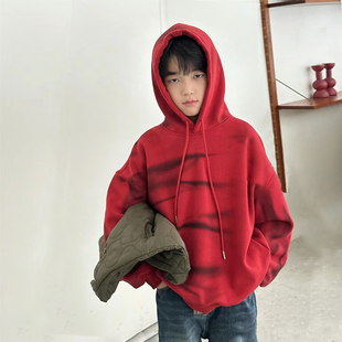 秋冬男女童街舞潮酷个性扎染宽松加绒红色套头卫衣中性款加厚上衣