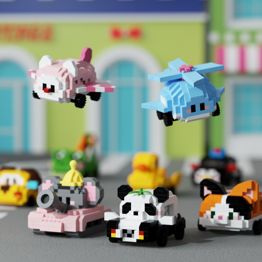 【批发代发】萌行车队卡通公仔动物积木兼容高儿童摆件六一礼物