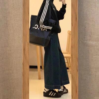 深蓝色阔腿牛仔裤女秋冬加绒加厚大码胖mm高腰宽松梨形身材直筒裤