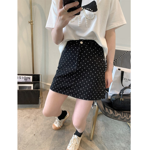 大码女装黑色波点半身裙女胖妹妹mm梨形身材高腰显瘦a字包臀短裙