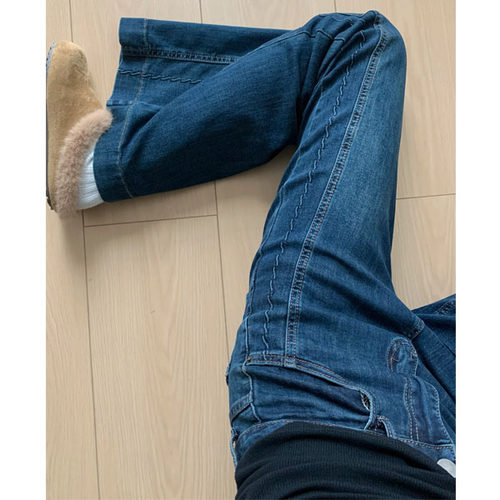 蓝灰色高腰弹力微喇牛仔裤女加绒2026流行爆款梨型身材不贴腿裤子