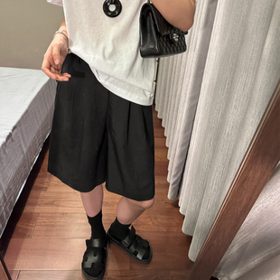 胖mm梨形身材高腰显瘦宽松阔腿休闲裤 黑色五分西装 薄款 女夏季 短裤