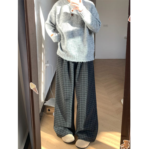 今年流行的复古格纹毛呢裤女加绒加厚垂坠慵懒风宽松休闲阔腿裤子