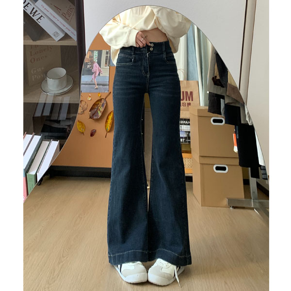 蓝灰色微喇牛仔裤女秋冬新款弹力显瘦梨型身材喇叭裤小个子加绒裤