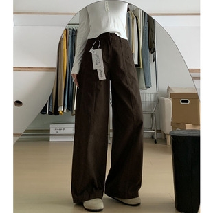 复古咖色阔腿牛仔裤 胖mm显瘦梨形身材裤 女工装 设计感大码 子 裤 美式