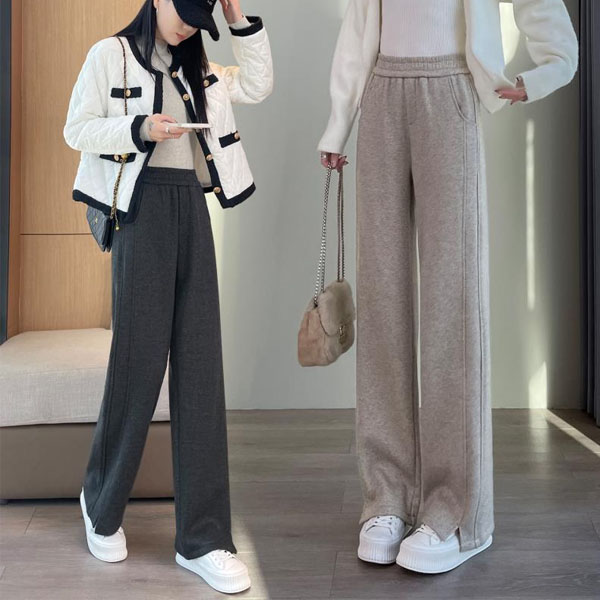 毛呢裤子女秋冬加绒2025新款加厚宽松人字纹休闲裤直筒窄版阔腿裤