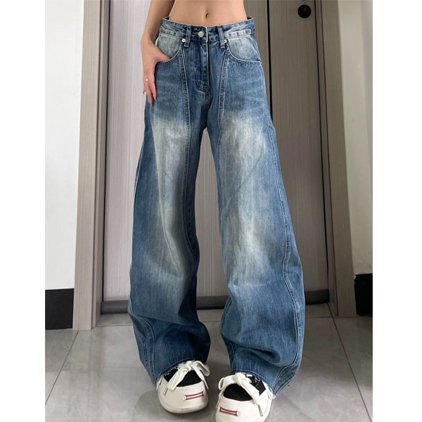 美式弯刀牛仔裤女2025新款毛边设计感大码胖mm高腰宽松显瘦阔腿裤