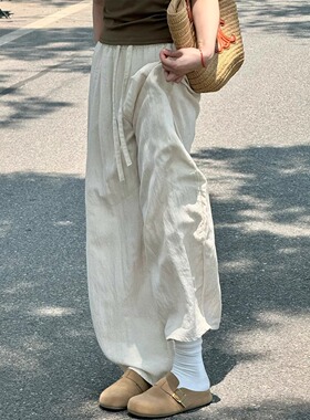 白色亚麻阔腿裤女夏季薄款大码胖mm梨形身材高腰宽松显瘦休闲裤子
