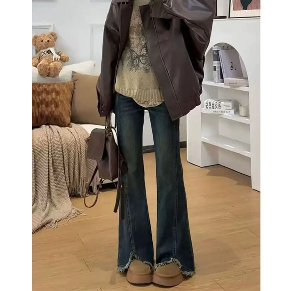 美式复古加绒微喇牛仔裤女秋冬梨形身材遮胯显瘦弹力毛边马蹄裤子