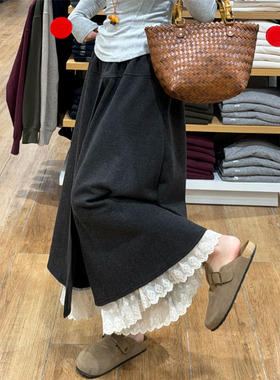大码灰色毛呢半身裙女秋冬2025新款a字半裙假两件蕾丝拼接裤裙子