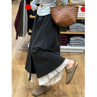 裙子 a字半裙假两件蕾丝拼接裤 大码 灰色毛呢半身裙女秋冬2025新款