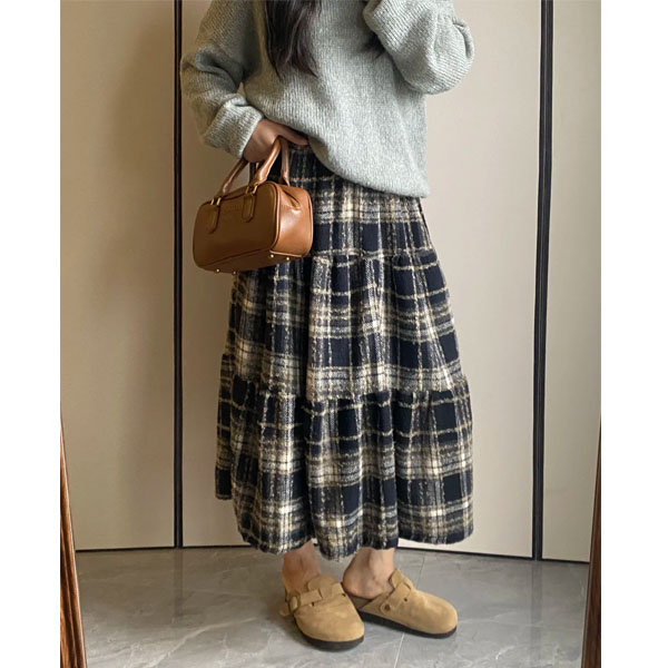 毛呢格子半身裙女秋冬大码胖mm高腰显瘦中长款小个子a字蛋糕裙子