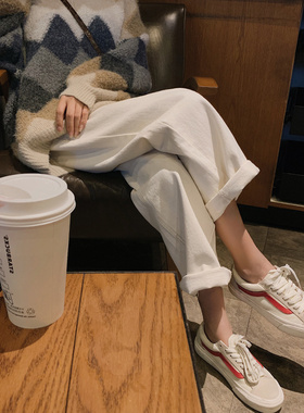 大码女装胖妹妹mm白色牛仔阔腿早春高腰宽松N显瘦直筒长裤子200斤