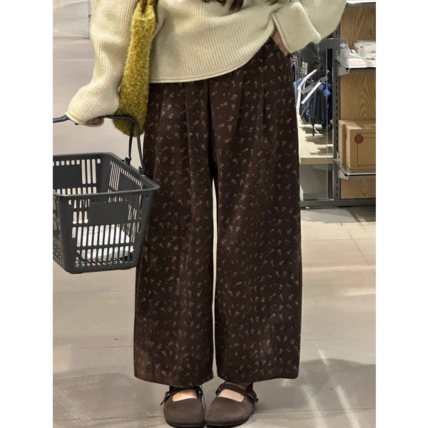 冬季美拉德棕色九分碎花裤子大码女胖mm显瘦休闲灯芯绒阔腿奶奶裤