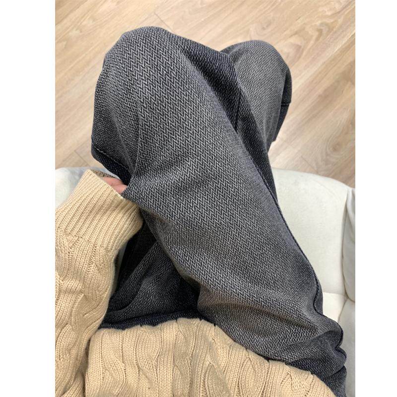 黑灰色窄版直筒牛仔裤女秋冬大码胖妹妹mm显瘦星空纹麦穗阔腿长裤