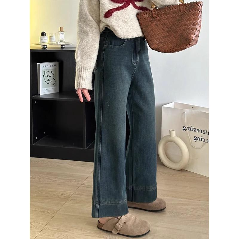 复古蓝加绒直筒牛仔裤女胖mm梨形身材小个子高腰显瘦阔腿九分裤冬