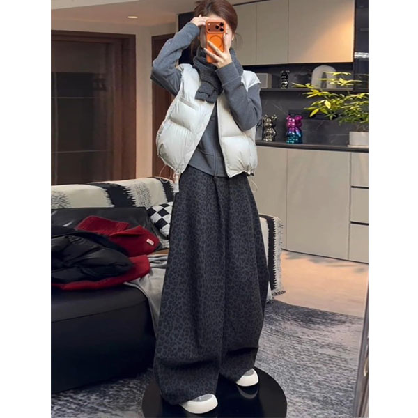 复古豹纹弯刀阔腿裤女秋冬新款大码胖mm宽松显瘦慵懒风休闲加绒裤