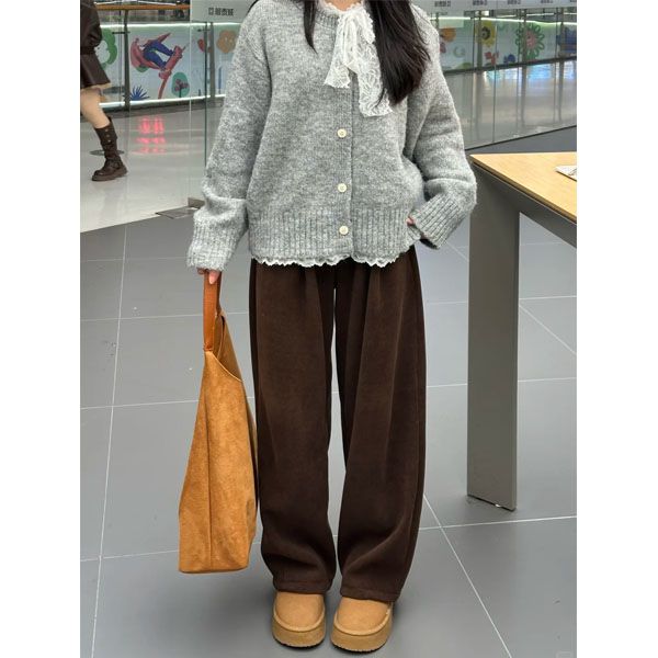 棕咖色雪尼尔阔腿裤女秋冬今年流行灯芯绒显瘦裤子加绒加厚休闲裤