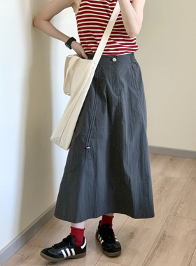 灰色工装半身裙女春夏新款胖mm梨形身材高腰显瘦宽松a字大摆长裙