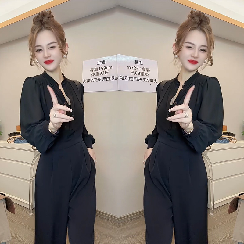 高腰灯笼袖背带裤假两件连体裤女