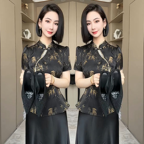 盘扣印花竹叶短款上衣半身裙显瘦