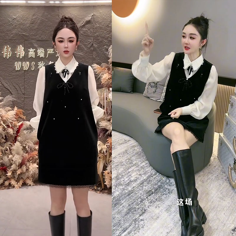 重工钉珠丝绒马甲裙+衬衫两件套