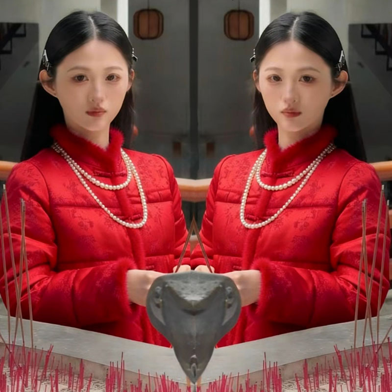 立领提花盘扣拼毛棉服百搭气质女