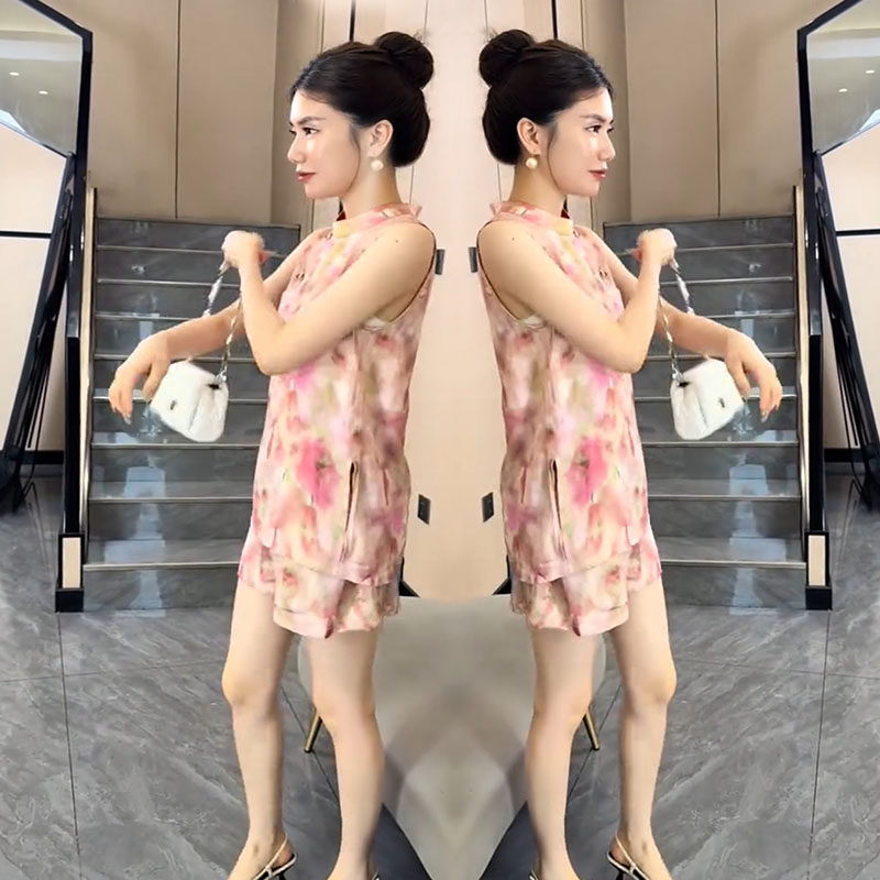 新中式高级感精致套装女夏季新款国风优雅碎花无袖盘扣上衣+短裤 - 时尚部落衣族出品