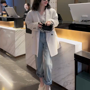 法式气质休闲毛呢西装外套女2025秋季新款欧货白色显瘦中长款大衣