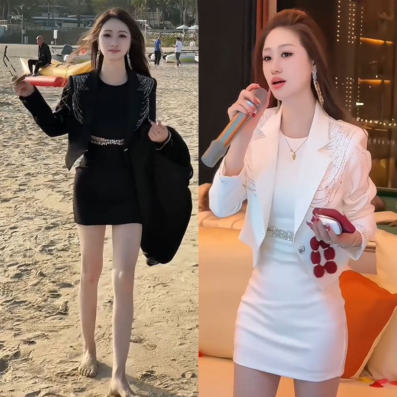 小个子高级感气质套装裙女2025春季韩版 短款钻小西服+裹臀连衣裙