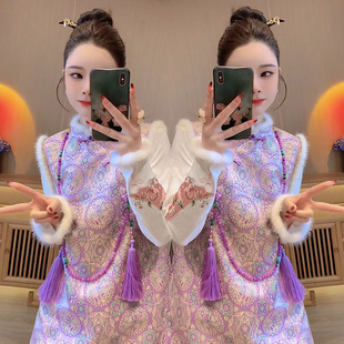 国风盘扣提花拼毛旗袍裙小衫 新中式 气质漂亮马甲裙女2025秋冬新款