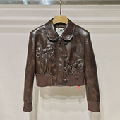 深圳南油2026春新女装 皮衣外套S260042 咖色翻领立体蝴蝶结短款