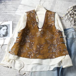 春圆领盘扣无袖 马甲女款 背心上衣 进口人丝绣花新中式 南油国风女装
