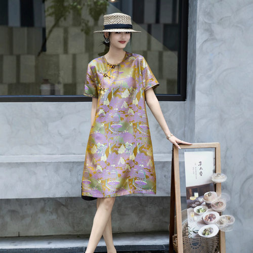 49203新款真丝连衣裙女夏印花桑蚕丝旗袍裙轻薄透气A字裙显瘦复古