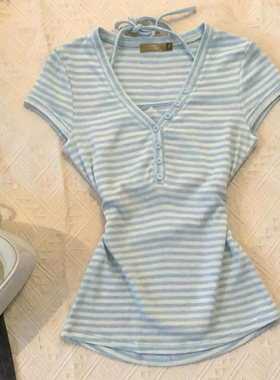 美式复古纯欲风蓝色条纹V领短袖T恤女系带收腰显瘦辣妹上衣小众女