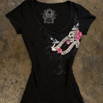 y2k hoodie美式复古风小众骷髅玫瑰印花V领短袖T恤女修身辣妹上衣