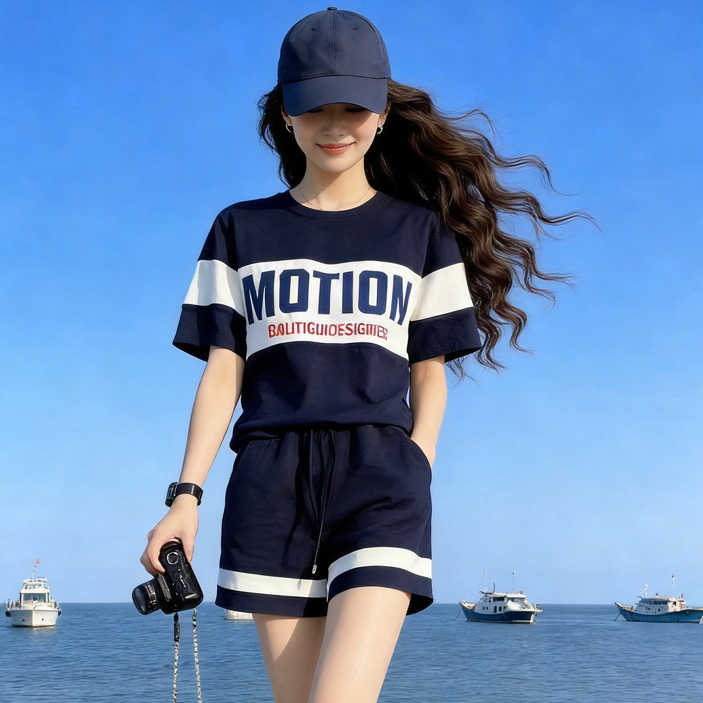 潮牌拼接撞色字母短袖短裤运动套装女夏季户外跑步羽毛球服两件套