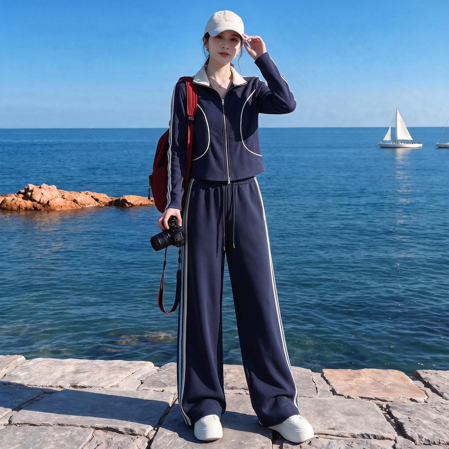 撞色立领双拉链高尔夫运动套装女