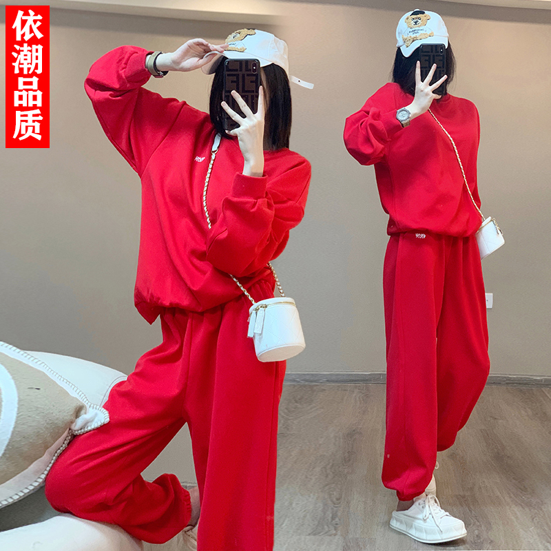 欧货圆领卫衣运动套装女春秋高级感红色宽松慵懒风休闲卫裤两件套