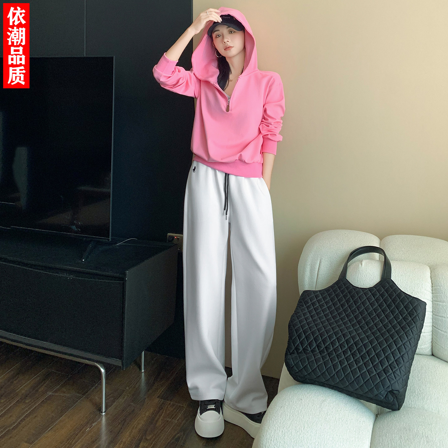 欧货粉色连帽卫衣休闲运动套装女秋冬套头半拉链宽松阔腿裤两件套