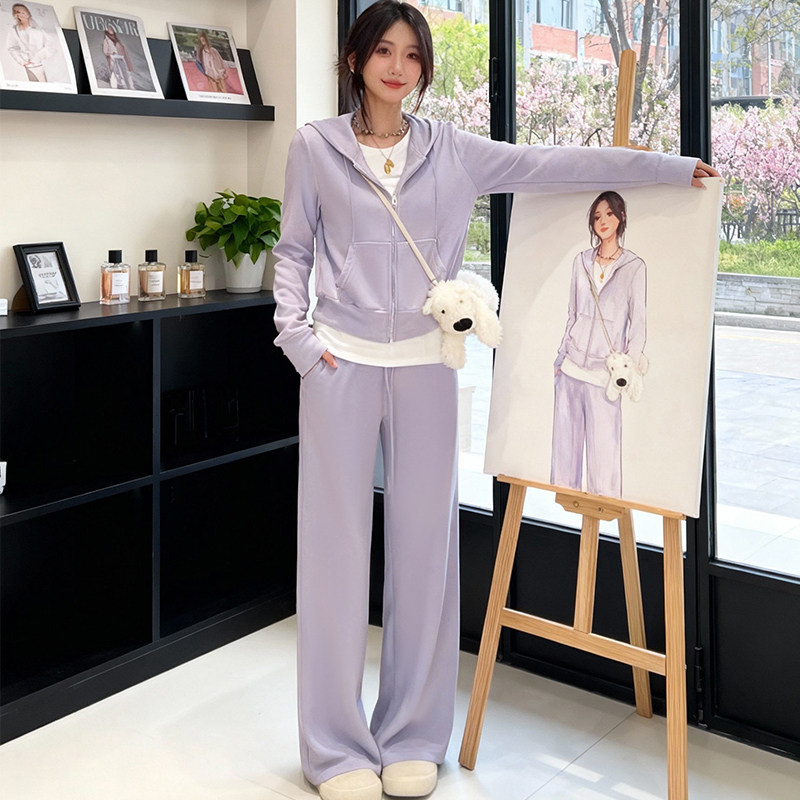韩版盐系连帽拉链卫衣休闲运动套装女2026春季垂坠感阔腿裤两件套