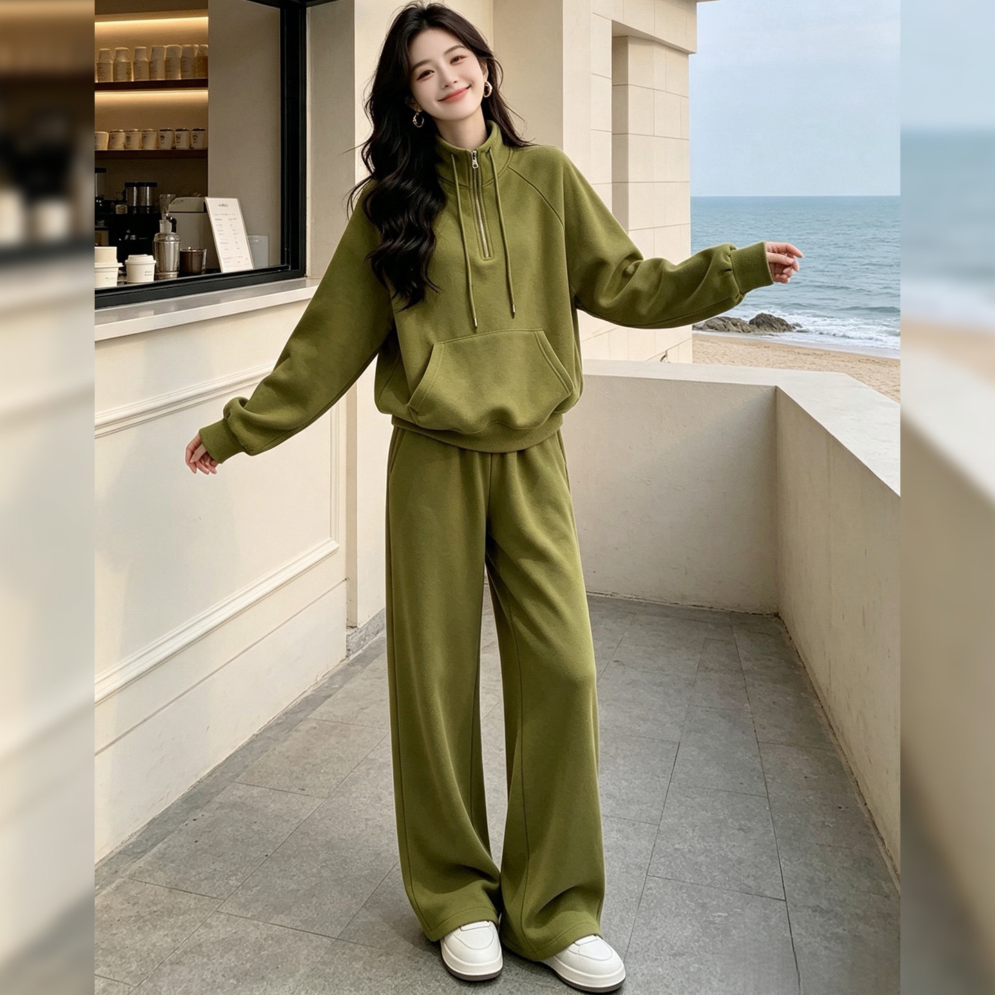 立领半拉链卫衣阔腿裤休闲套装女