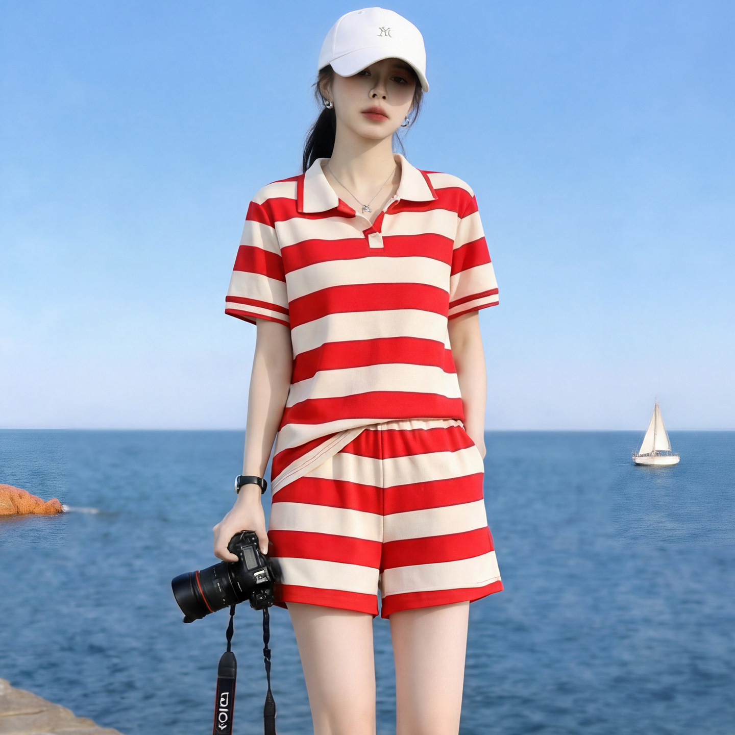 欧货红色条纹POLO翻领短袖运动套装女夏微胖宽松小个子短裤两件套